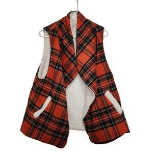 E. Luna Red Plaid Open Front Lumberjack Sherpa Line Vest Winter Jacket Sze Large